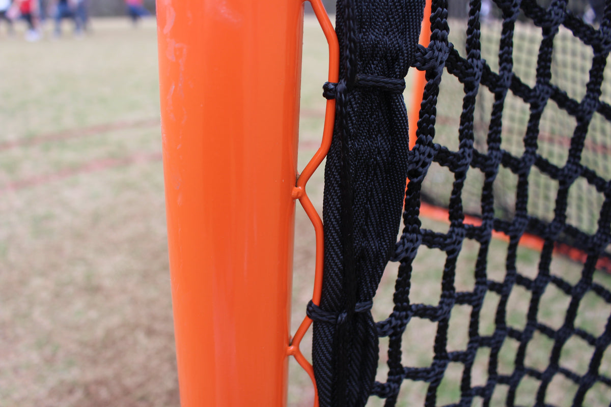Crankshooter® College/High School Game Lacrosse Goals, Pair (Qty 2), 6'x6'x7', 118 lbs Each, Flat Base with Lacing Rails, Includes 6mm or 7mm White or Black Nets