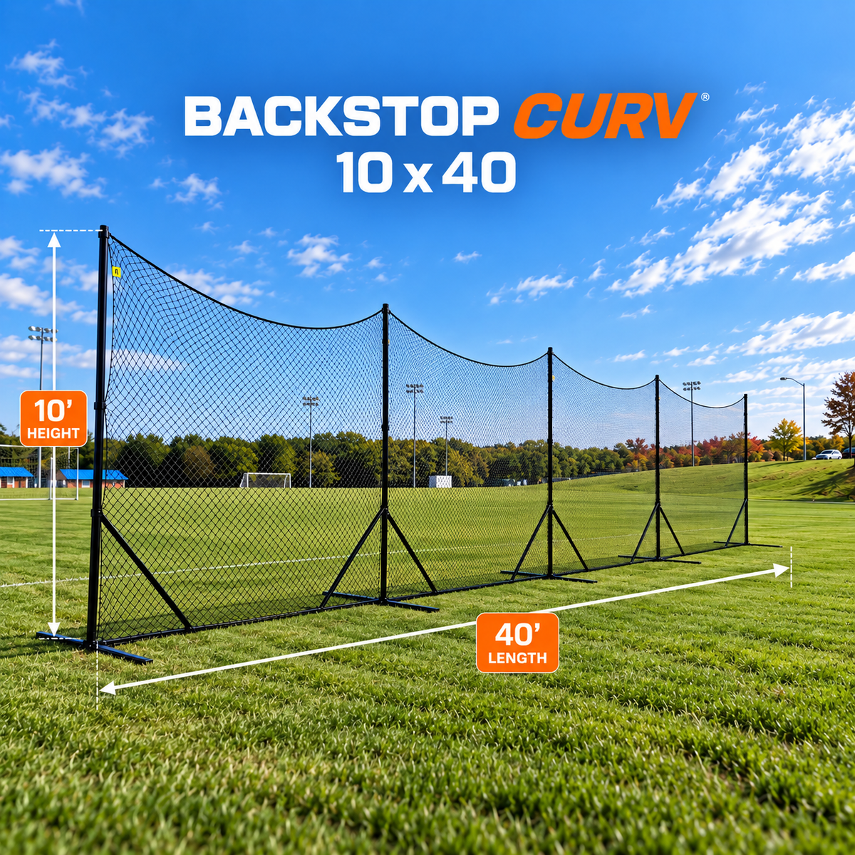 Crankshooter® Backstop CURV Adjustable-Angle Lacrosse System, 10'x40', with 3mm Knotted Poly Net
