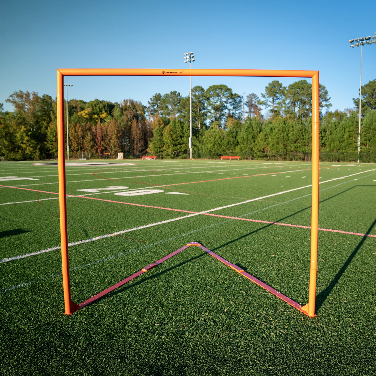 Crankshooter® Compact College/High School Lacrosse Game Goal, 6'x6'x7', 118 lbs, Flat Base with Lacing Rails, Includes 6mm or 7mm White Net
