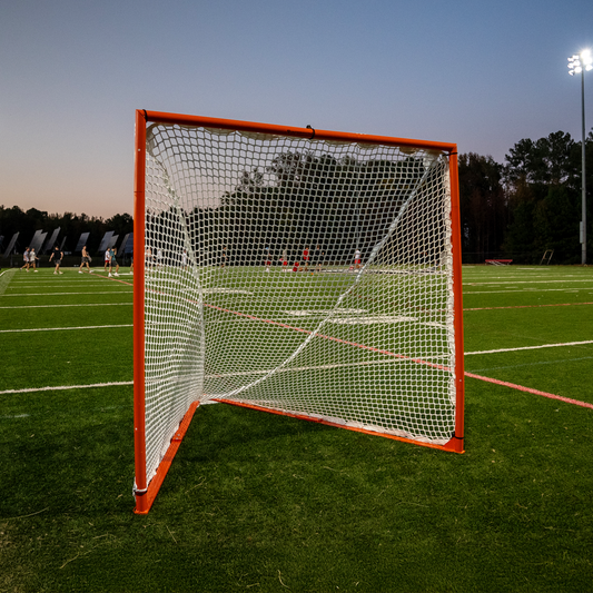 Crankshooter® Compact College/High School Lacrosse Game Goal, 6'x6'x7', 118 lbs, Flat Base with Lacing Rails, Includes 6mm or 7mm White Net
