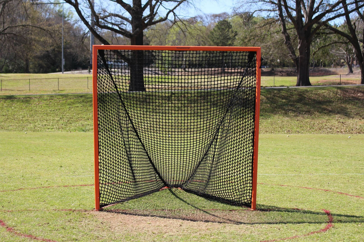 Crankshooter® College/High School Game Lacrosse Goals, Pair (Qty 2), 6'x6'x7', 118 lbs Each, Flat Base with Lacing Rails, Includes 6mm or 7mm White or Black Nets