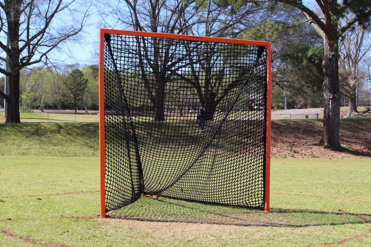Crankshooter® College/High School Game Lacrosse Goals, Pair (Qty 2), 6'x6'x7', 118 lbs Each, Flat Base with Lacing Rails, Includes 6mm or 7mm White or Black Nets