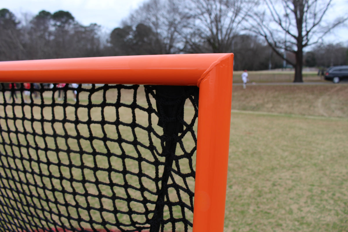 Crankshooter® College/High School Game Lacrosse Goals, Pair (Qty 2), 6'x6'x7', 118 lbs Each, Flat Base with Lacing Rails, Includes 6mm or 7mm White or Black Nets