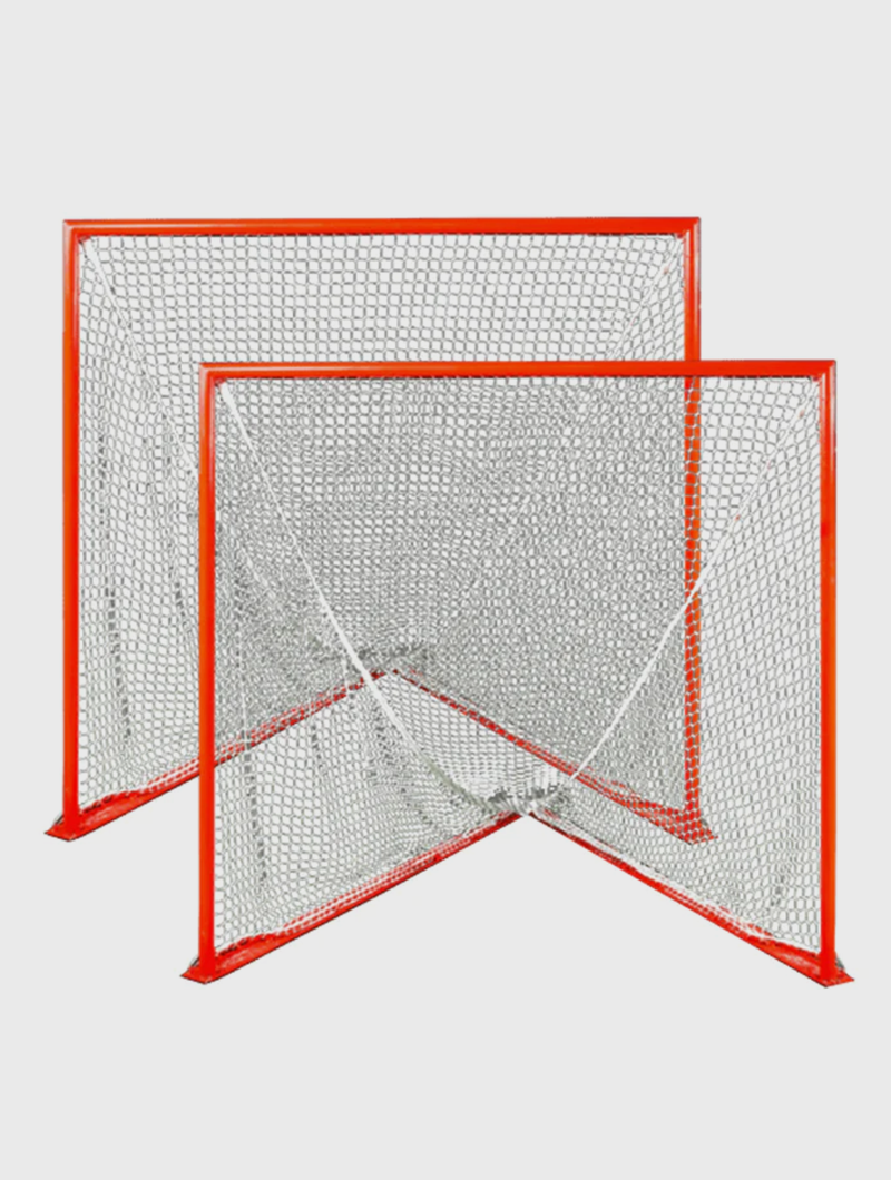 Crankshooter® College/High School Game Lacrosse Goals, Pair (Qty 2), 6'x6'x7', 118 lbs Each, Flat Base with Lacing Rails, Includes 6mm or 7mm White or Black Nets