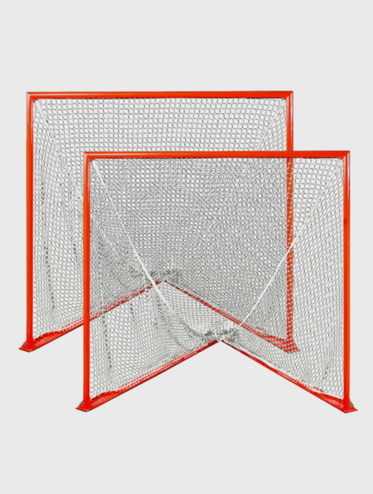 Crankshooter® College/High School Game Lacrosse Goals, Pair (Qty 2), 6'x6'x7', 118 lbs Each, Flat Base with Lacing Rails, Includes 6mm or 7mm White or Black Nets
